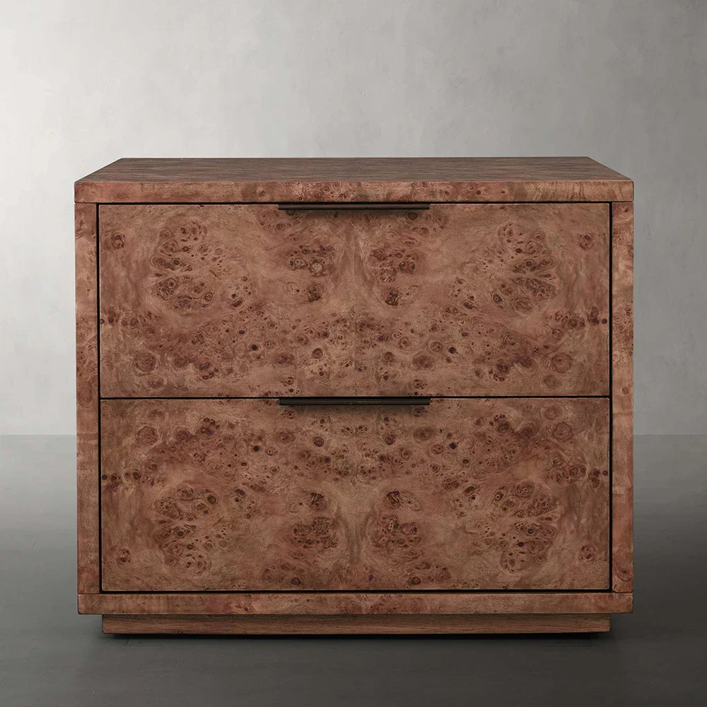 Table de nuit en bois de Burl de luxe et en cuir