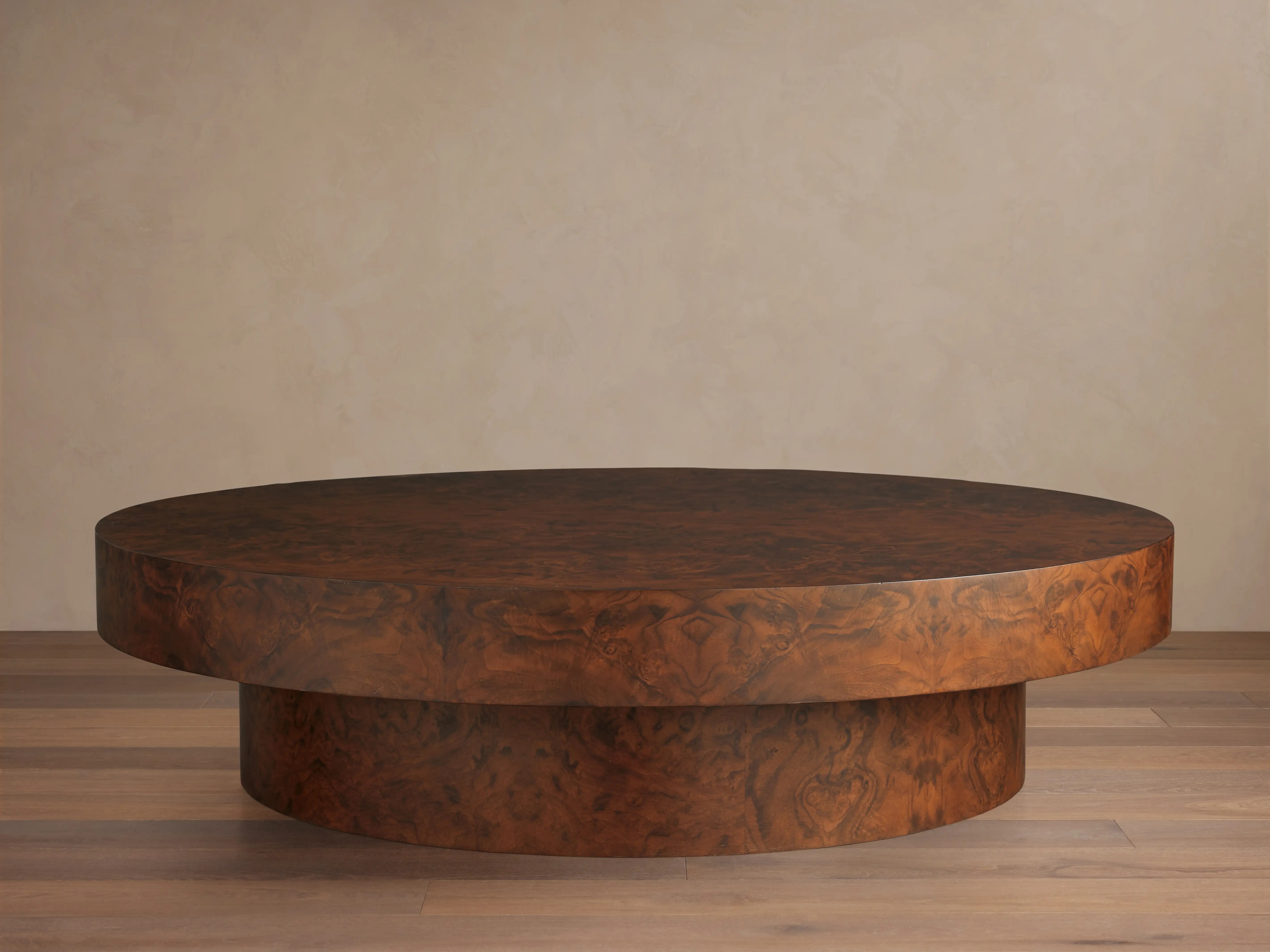 Table basse ronde en bois de loupe d'arbre