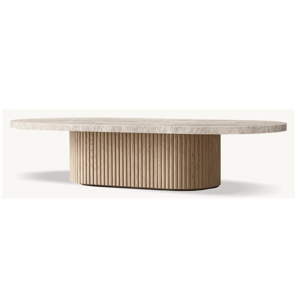 Table basse sur pied en bois et pierre naturelle, livraison gratuite